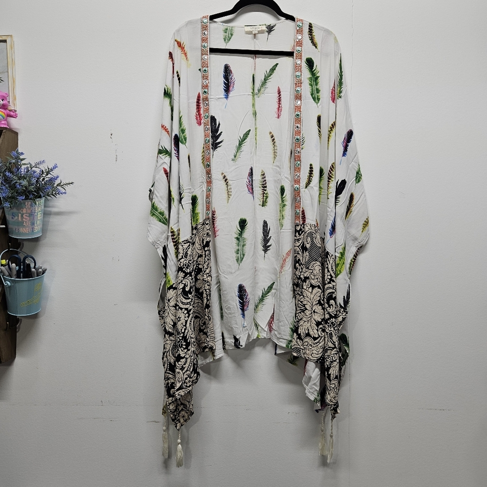 UMGEE Kimono Duster Cardigan Size XL/1XL Feather Print Tassel Boho Festival
